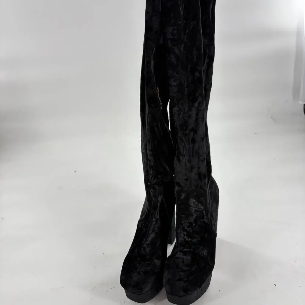 Cape Robbin Crushed Velvet Platform Boots 5.5 Black WhimsiGoth Tall Over Knee